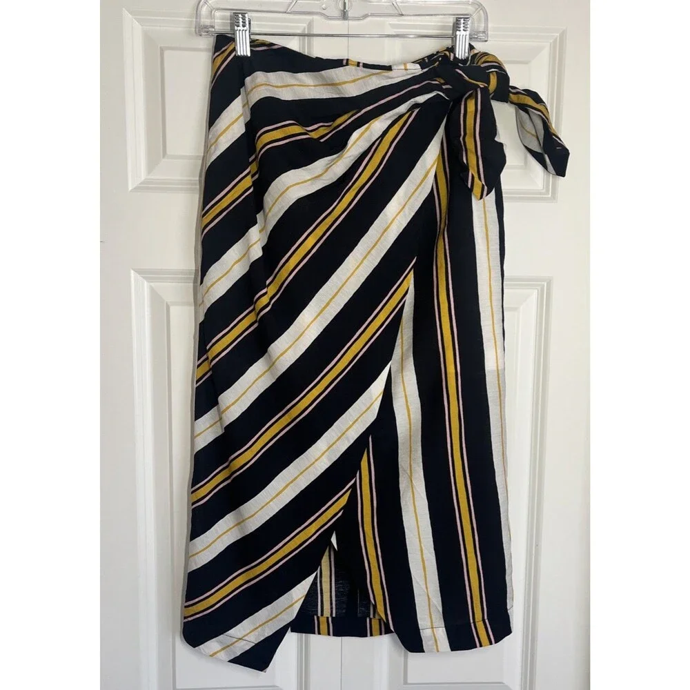Banana Republic Womens Size 4 Striped Navy White Gold Faux-Wrap Tie Midi Skirt - Picture 1 of 11